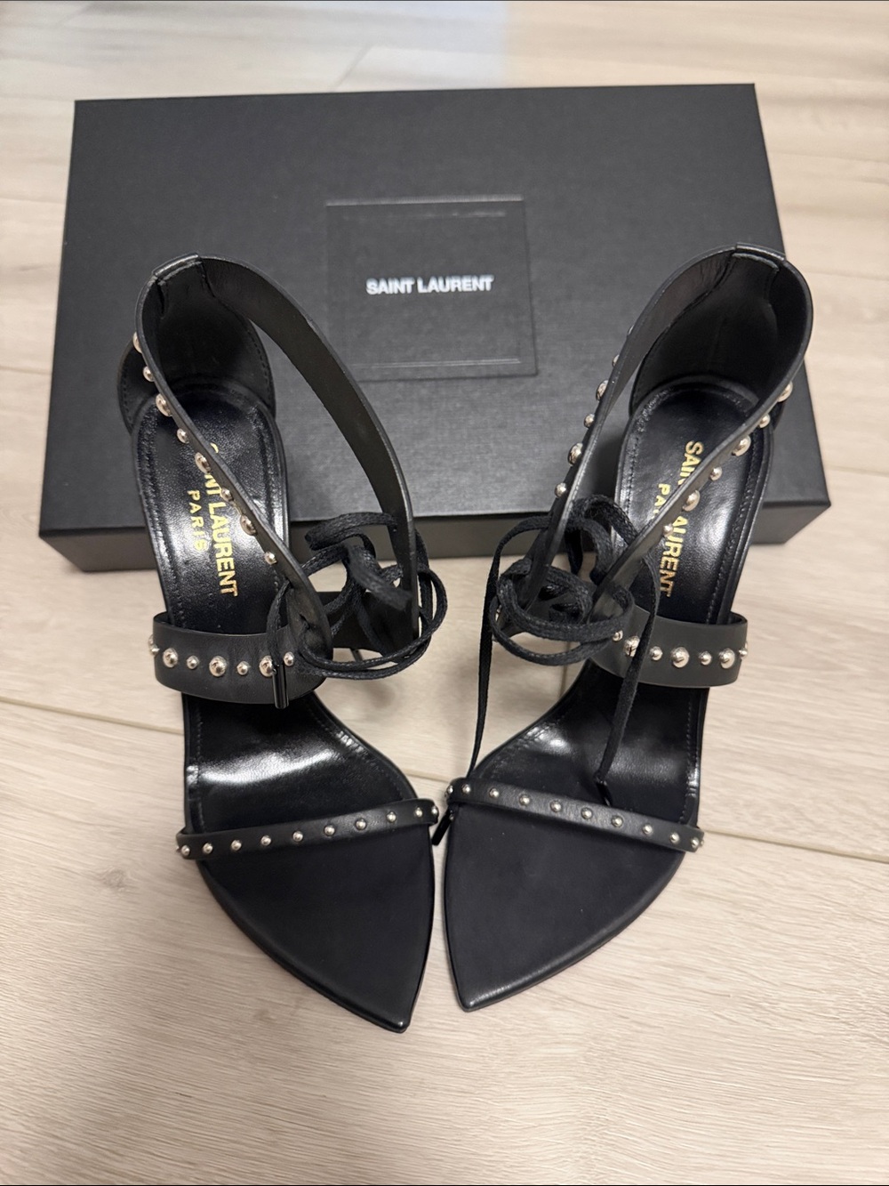 Saint Laurent Black Studded Lace-Up Pointed Heels
